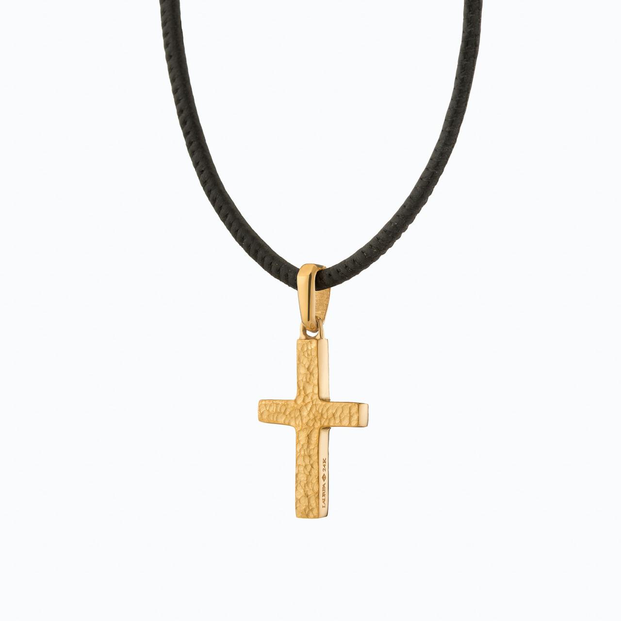 Hammered Cross on noir leather necklace